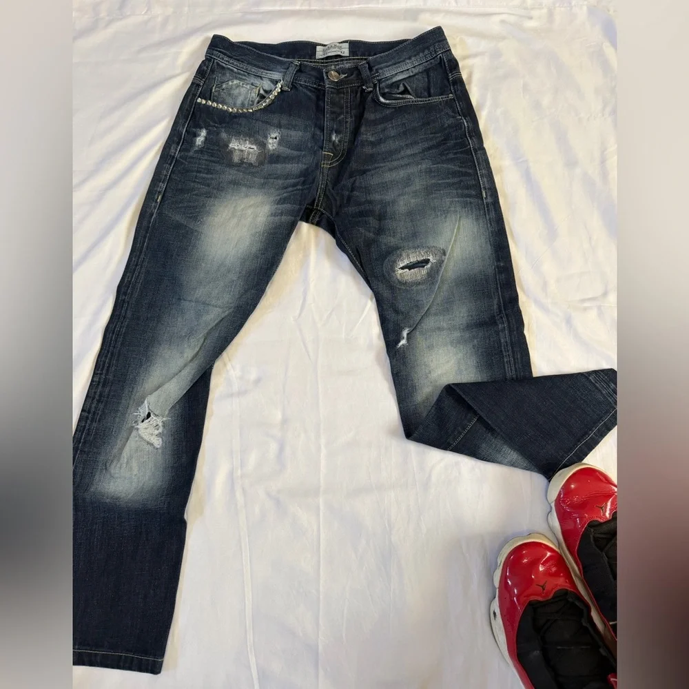 Zara Men's Dark Blue Straight Jeans with Distressed Details - Picture 1 of 8